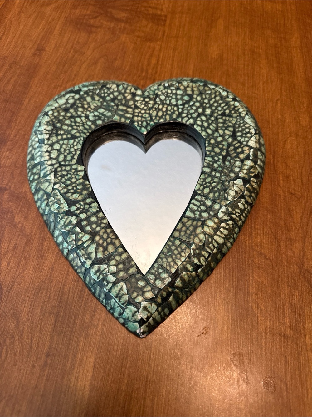 Heart-Shaped Wall Mirror with Green Crackle Frame
